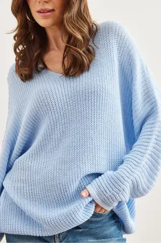Kadın Bebe Mavi V Yaka Selanik Örgü Oversize Triko Tunik TNK-19000081-Bebe Mavi - 6