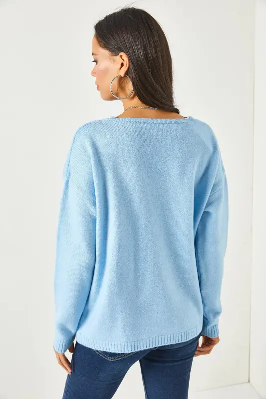 Kadın Bebe Mavi V Yaka Yumuşak Dokulu Triko Kazak KZK-19000598-Bebe Mavi - 5