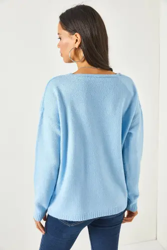 Kadın Bebe Mavi V Yaka Yumuşak Dokulu Triko Kazak KZK-19000598-Bebe Mavi - 5