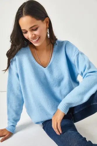 Kadın Bebe Mavi V Yaka Yumuşak Dokulu Triko Kazak KZK-19000598-Bebe Mavi - 3