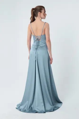 Kadın Bebe Mavi Volanlı Yırtmaçlı Saten Abiye & Mezuniyet Elbisesi - Bebe Mavi - 5