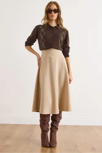 Kadın Bej Beli Bantlı Selanik Çan Etek ETK-19000297-Bej 