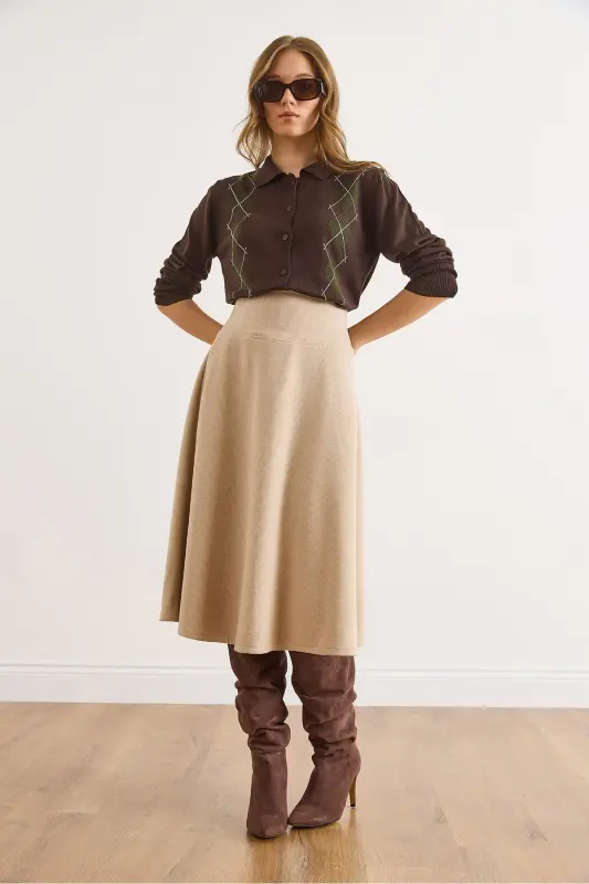 Kadın Bej Beli Bantlı Selanik Çan Etek ETK-19000297-Bej - 4