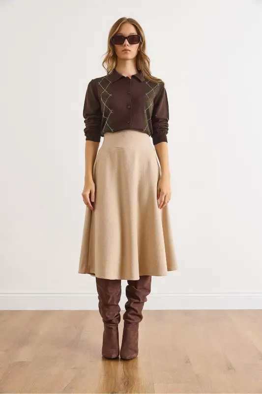 Kadın Bej Beli Bantlı Selanik Çan Etek ETK-19000297-Bej - 5