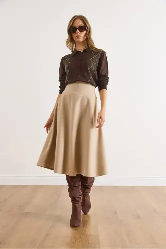 Kadın Bej Beli Bantlı Selanik Çan Etek ETK-19000297-Bej - 6