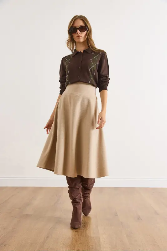 Kadın Bej Beli Bantlı Selanik Çan Etek ETK-19000297-Bej - 6