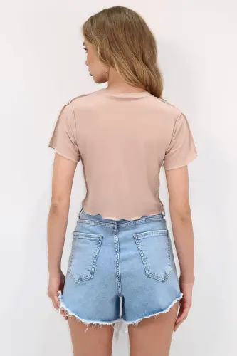 Kadın Bej Bisiklet Yaka Önü Dikişli Crop Sandy Bluz ALC-X11782-BEJ - 5