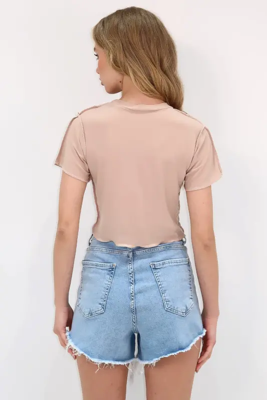 Kadın Bej Bisiklet Yaka Önü Dikişli Crop Sandy Bluz ALC-X11782-BEJ - 5