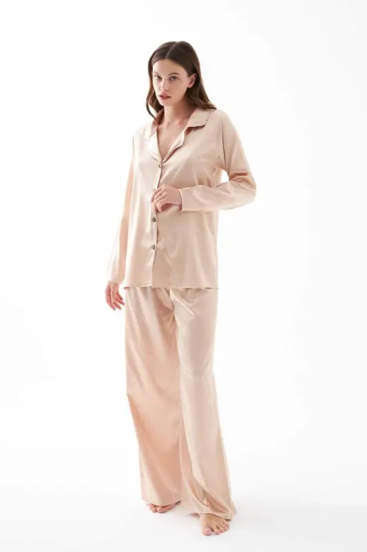 Kadın Bej Oversize Saten Pijama Takımı - 3