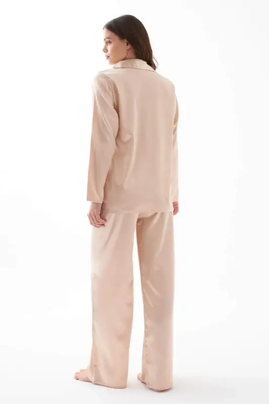 Kadın Bej Oversize Saten Pijama Takımı - 5