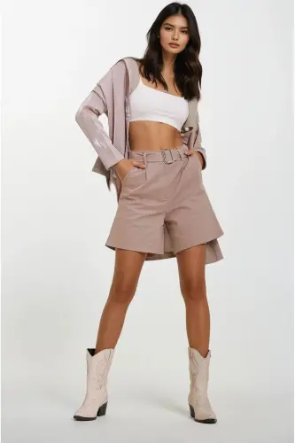 Kadın Bej Çift Cepli Beli Kemerli Gabardin Şort ALC-X11501-BEJ 