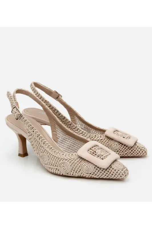 Kadın Bej Desenli Arkası Açık Topuklu Ayakkabı - BEJ-BEIGE - 2