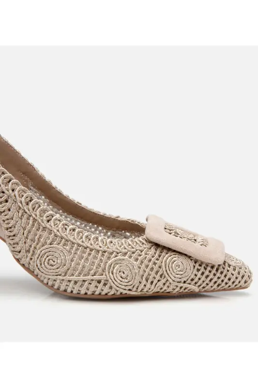 Kadın Bej Desenli Arkası Açık Topuklu Ayakkabı - BEJ-BEIGE - 8