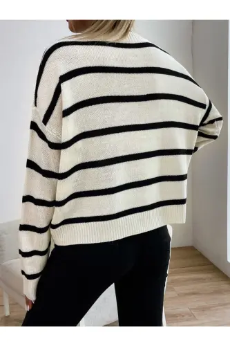 Kadın Bej Dik Yaka Oversize Model Kazak Tunik - BEjçizgili - KUPAKIZI (1)