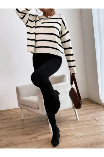 Kadın Bej Dik Yaka Oversize Model Kazak Tunik - BEjçizgili - 4