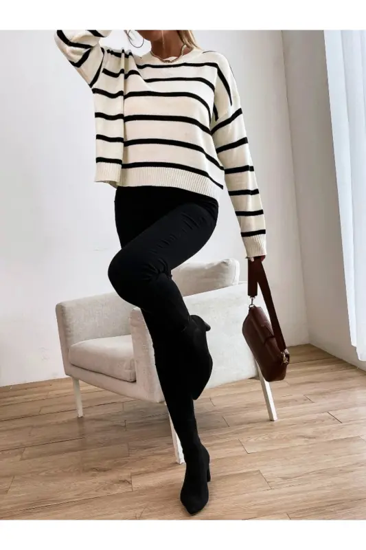 Kadın Bej Dik Yaka Oversize Model Kazak Tunik - BEjçizgili - 4