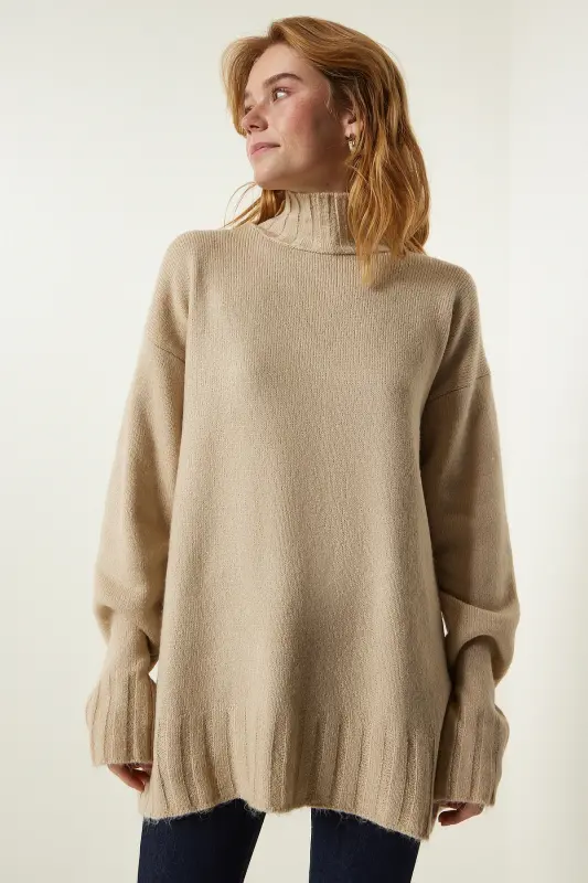 Kadın Bej Dik Yaka Yumuşak Dokulu Triko Kazak Kİ00095-Bej - 3