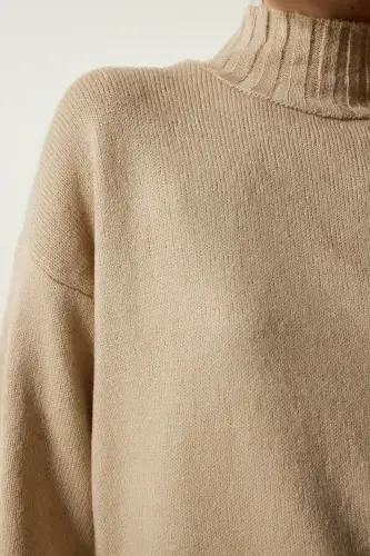 Kadın Bej Dik Yaka Yumuşak Dokulu Triko Kazak Kİ00095-Bej - 4