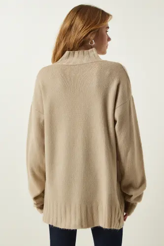 Kadın Bej Dik Yaka Yumuşak Dokulu Triko Kazak Kİ00095-Bej - 5