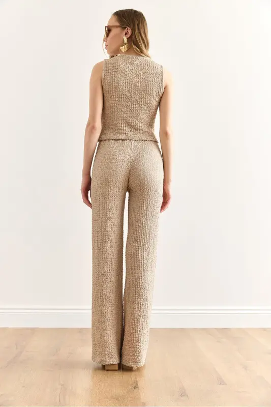 Kadın Bej Dokulu Yelek Pantolon Takım TKM-19000392-Bej - 6