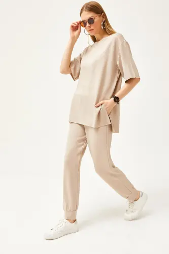 Kadın Bej Dökümlü Kristal Alt Üst Takım TKM-19000264-Bej 