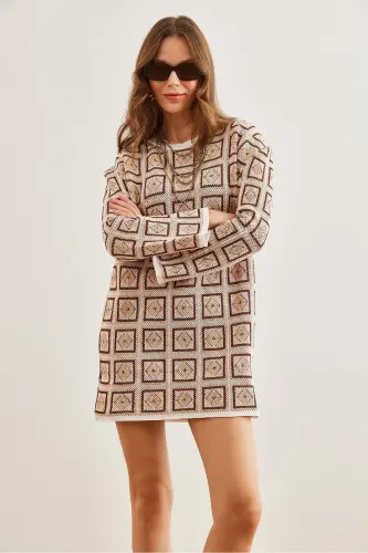 Kadın Bej Etnik Desenli Triko Tunik Elbise ELB-19002253 - 3