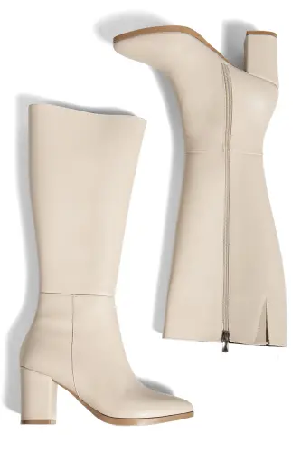 Kadın Bej Fermuarlı Diz Altı Boy Topuklu Çizme-Bej - 4