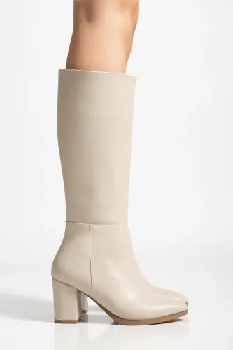 Kadın Bej Fermuarlı Diz Altı Boy Topuklu Çizme-Bej - 1