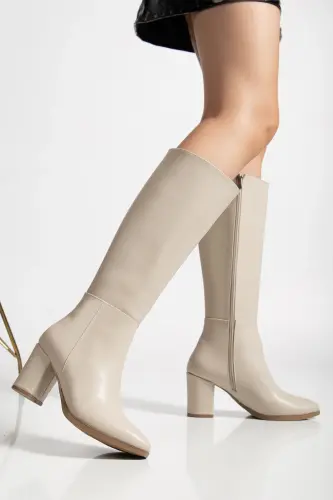 Kadın Bej Fermuarlı Diz Altı Boy Topuklu Çizme-Bej - MOUN SHOES (1)