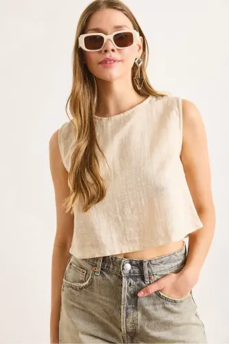 Kadın Bej Flam Keten Crop Bluz BLZ-19002925-Bej 