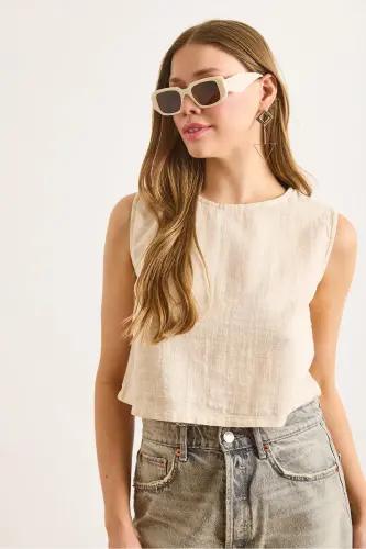 Kadın Bej Flam Keten Crop Bluz BLZ-19002925-Bej - 3