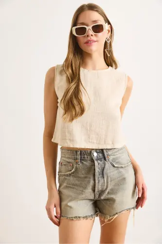 Kadın Bej Flam Keten Crop Bluz BLZ-19002925-Bej - 4