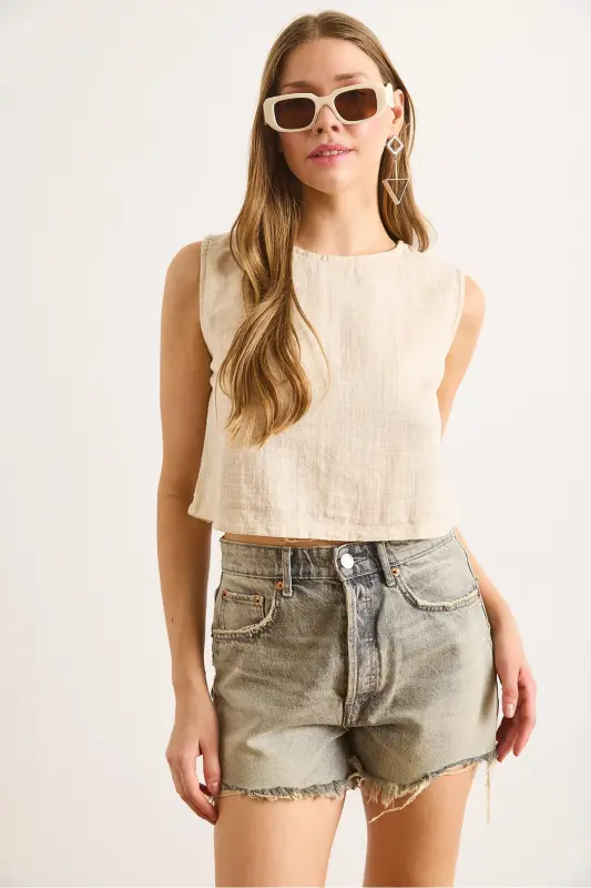 Kadın Bej Flam Keten Crop Bluz BLZ-19002925-Bej - 4
