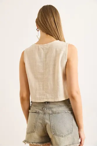 Kadın Bej Flam Keten Crop Bluz BLZ-19002925-Bej - 6