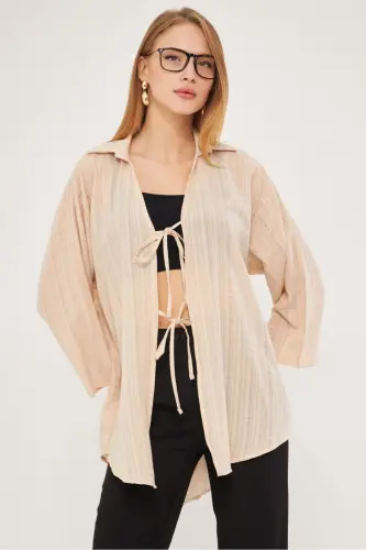 Kadın Bej Gömlek Yakalı Önden Bağcıklı Kimono Gömlek ARM-25K001006-Bej 