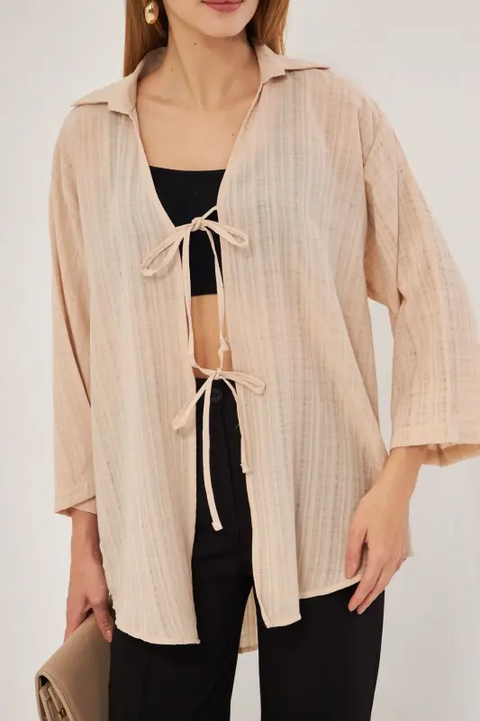 Kadın Bej Gömlek Yakalı Önden Bağcıklı Kimono Gömlek ARM-25K001006-Bej - 2