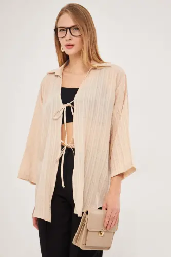 Kadın Bej Gömlek Yakalı Önden Bağcıklı Kimono Gömlek ARM-25K001006-Bej - 3