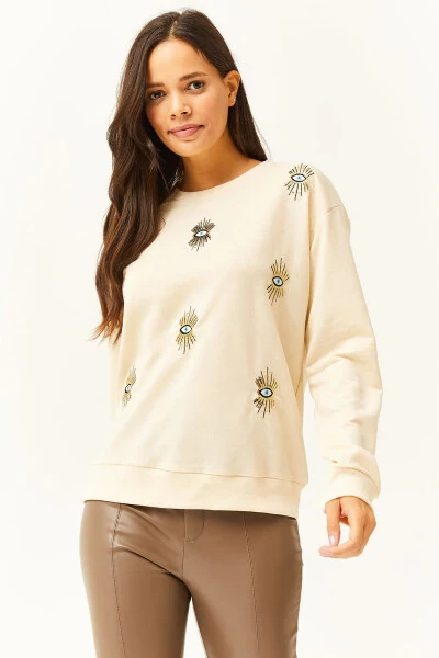 Kadın Bej Göz Nakışlı Mevsimlik Sweatshirt SWT-19000598-Bej - 2