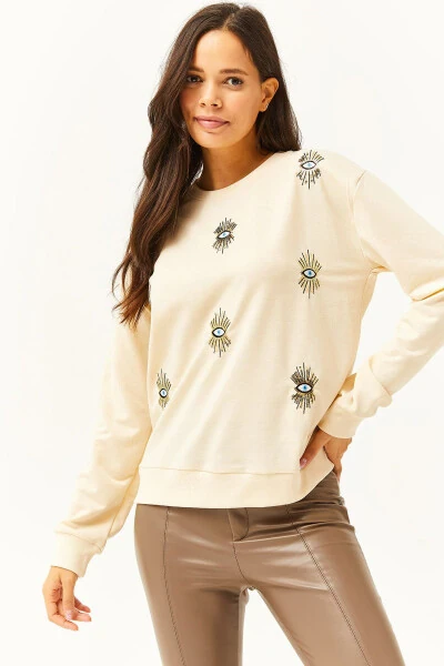 Kadın Bej Göz Nakışlı Mevsimlik Sweatshirt SWT-19000598-Bej - 3
