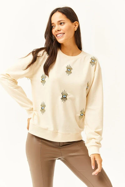 Kadın Bej Göz Nakışlı Mevsimlik Sweatshirt SWT-19000598-Bej - 4