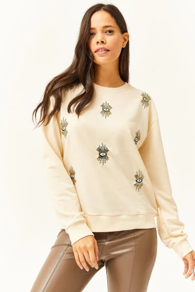 Kadın Bej Göz Nakışlı Mevsimlik Sweatshirt SWT-19000598-Bej - 5