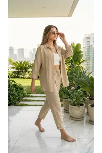 Kadın Bej Keten Oversize Gömlek Pantolon Takım - Bej 