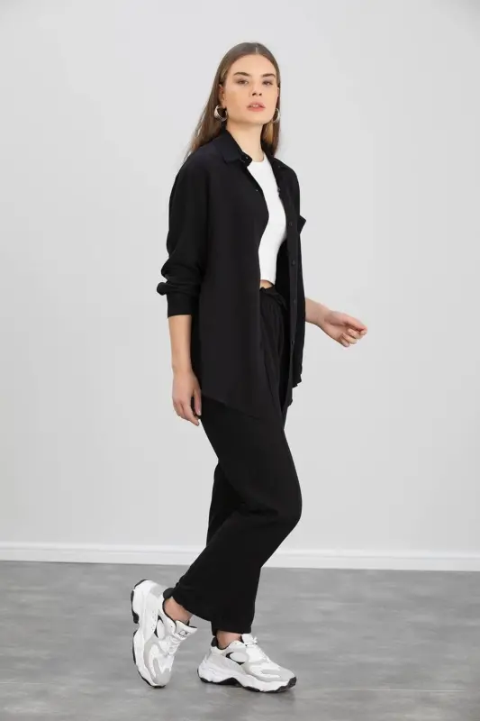 Kadın Bej Ikili Keten Gömlek Pantolon Alt Üst Takım-Siyah - 2