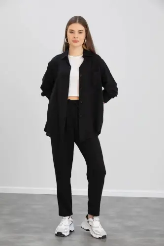 Kadın Bej Ikili Keten Gömlek Pantolon Alt Üst Takım-Siyah 