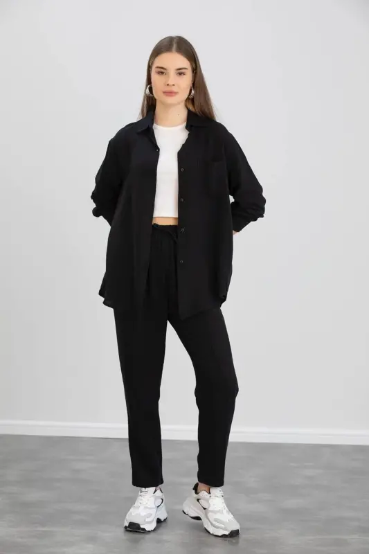 Kadın Bej Ikili Keten Gömlek Pantolon Alt Üst Takım-Siyah - 1