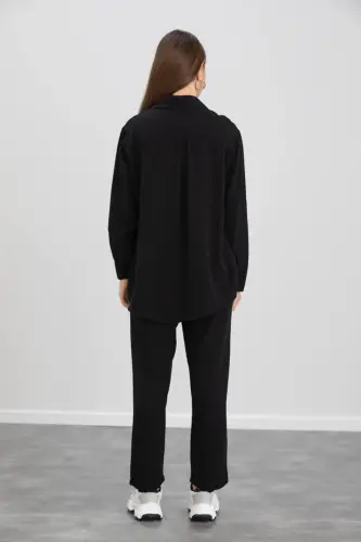 Kadın Bej Ikili Keten Gömlek Pantolon Alt Üst Takım-Siyah - 3