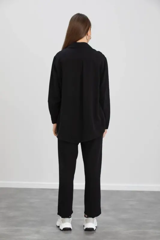 Kadın Bej Ikili Keten Gömlek Pantolon Alt Üst Takım-Siyah - 3