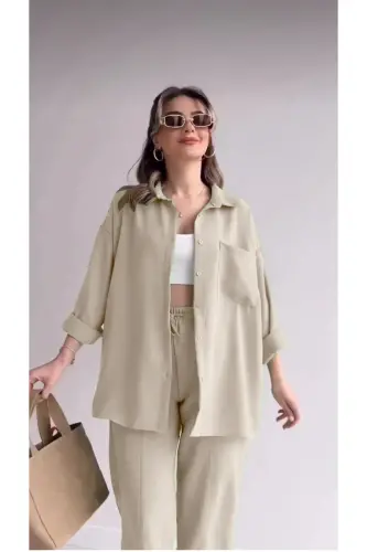 Kadın Bej Ikili Keten Gömlek Pantolon Alt Üst Takım-TAŞ - 2