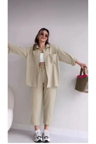 Kadın Bej Ikili Keten Gömlek Pantolon Alt Üst Takım-TAŞ 