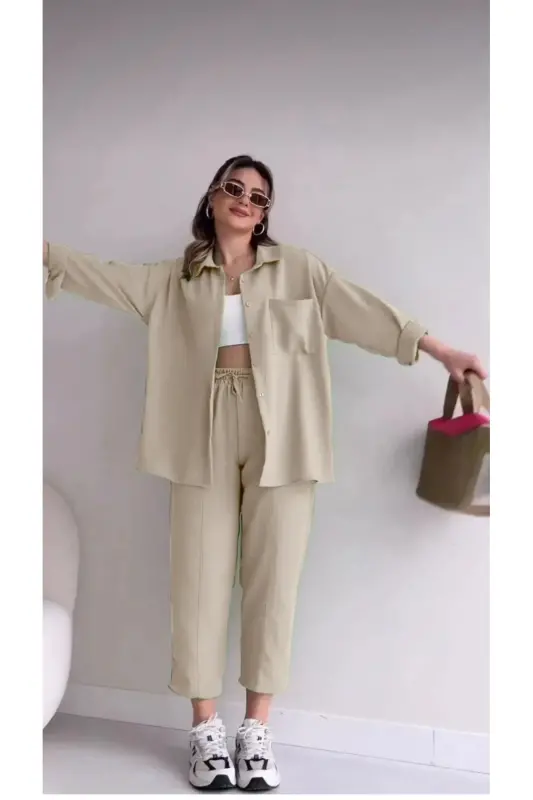 Kadın Bej Ikili Keten Gömlek Pantolon Alt Üst Takım-TAŞ - 1